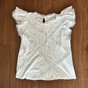 Anthropologie white lace ruffle sleeve tee
